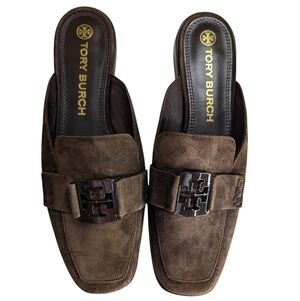 Tory Burch Brown Suede Logo Buckle Mules